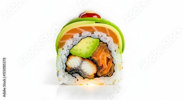 Fototapeta Delicious Sushi Roll With Salmon And Avocado On A White Background