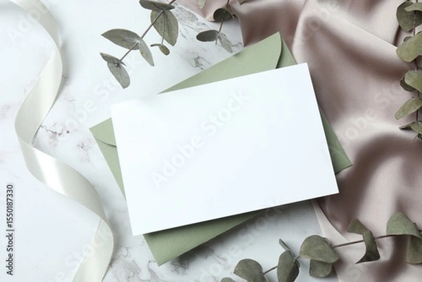 Fototapeta Romantic flat lay witn paper envelope, blank card, eucalyptus branches and a ribbon on marble. Ideal for wedding invitations, event announcements, or feminine branding