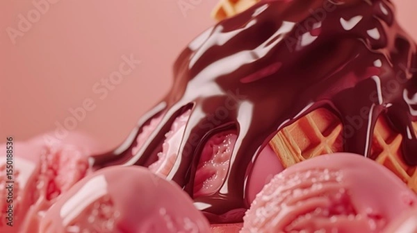 Fototapeta Close-up of pink strawberry ice cream scoops topped with thick chocolate syrup and waffle, creating a sweet and indulgent dessert scene.