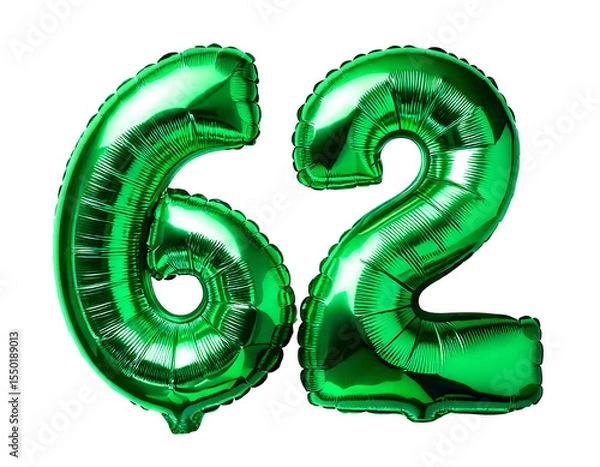Obraz 数字の62の形の緑色の風船（Number 62 green foil balloon on white background）
