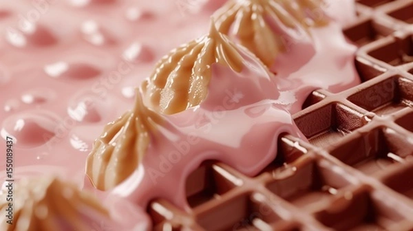Fototapeta Close-up of a chocolate waffle topped with glossy pink icing and swirls of caramel cream, creating a rich and indulgent dessert look.