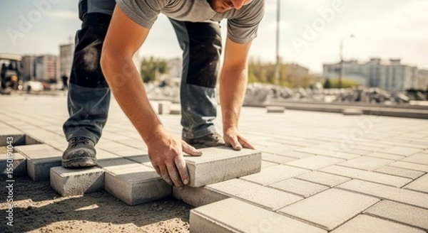 Fototapeta Man installing pavement using concrete paver blocks outdoor. Working on new street or public path construction site.