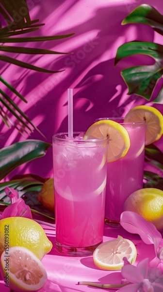 Fototapeta Two tall glasses of pink lemonade with lemon slices and ice set against a vibrant pink background with tropical leaves and flowers.
