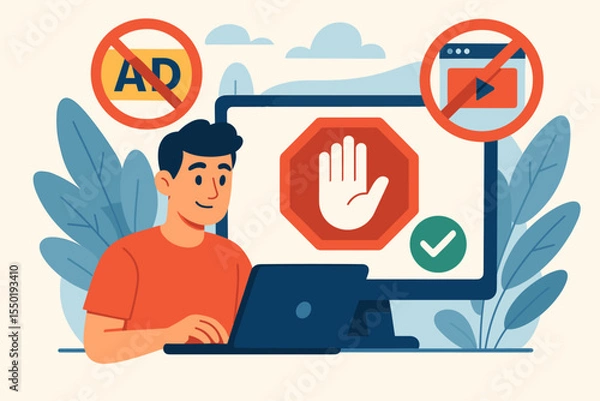Fototapeta Ad blocker software concept. Man at computer blocking annoying online ads, pop-ups, and video content. Internet privacy, content filtering, and digital security vector illustration.