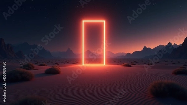 Obraz Neon square gateway in desert landscape under twilight sky.