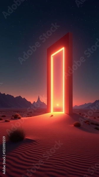 Obraz A neon doorway in the desert, bathed in the soft light of a setting sun.