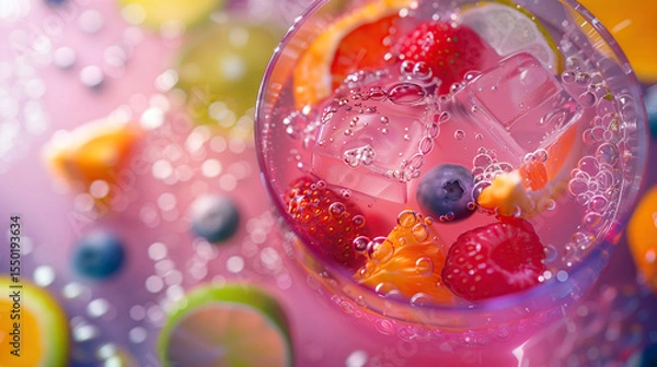 Fototapeta Colorful beverage filled with ice cubes, strawberries, blueberries, citrus slices, and bubbles, capturing the freshness of a fruity summer drink.