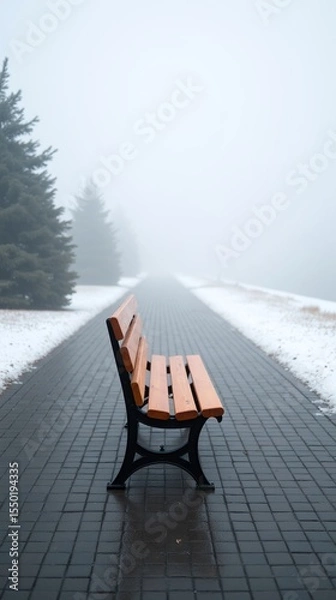 Obraz Bench awaits in misty, tranquil winter setting.