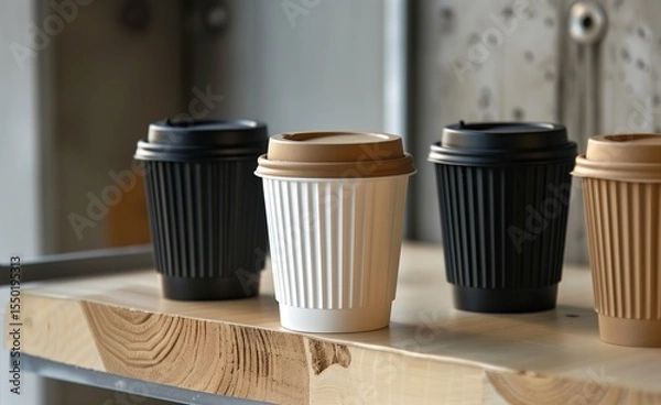 Fototapeta A variety of ribbed takeaway coffee cups in black, white, and beige with matching lids arranged on a modern wooden café surface.