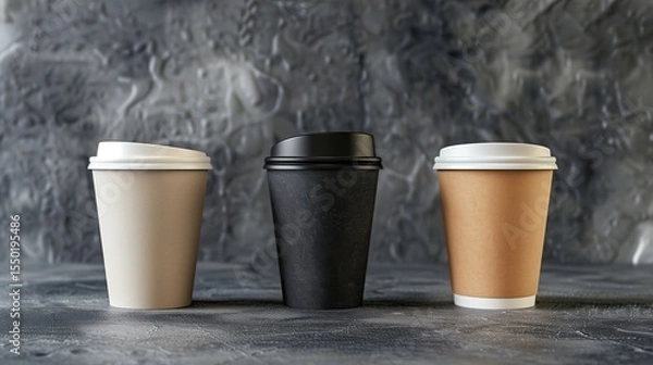 Fototapeta Minimalist composition of three different colored disposable coffee cups with lids, standing on a moody textured surface with soft lighting.