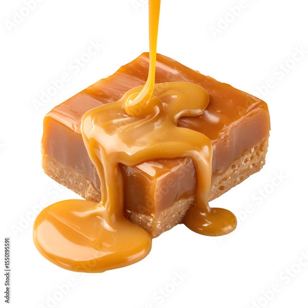 Obraz Square piece of caramel or nougat candy with dripping caramel sauce, isolated on a clean white background,