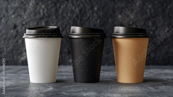 Fototapeta Sustainable paper coffee cup placed on a textured surface with roasted beans, perfect for eco branding, cafes, or lifestyle concepts.