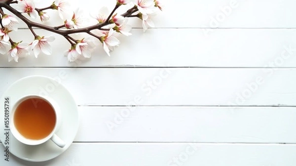 Obraz A serene scene of a neatly placed teacup, a delicate branch with blossoms, and a pristine white backdrop.