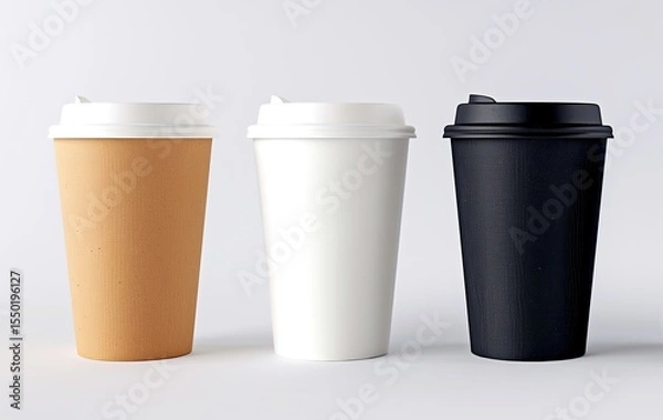 Fototapeta Minimalist image of three disposable coffee cups in brown, white, and black with matching lids, isolated on a clean white background.