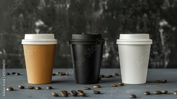 Fototapeta Single paper coffee cup with black lid and roasted beans on a dramatic dark background, ideal for modern branding and advertising use.