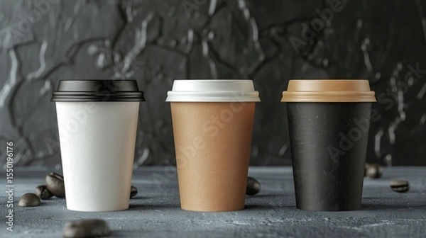 Fototapeta Disposable coffee cup on a dark surface with scattered beans, representing morning energy, work routine, and daily caffeine habits.