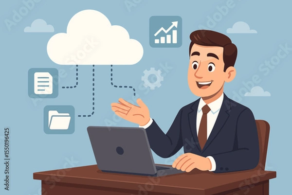 Fototapeta Cloud computing technology concept for business. Businessman working remotely on a laptop. Online data storage, file management, and synchronization. SaaS platform for business growth. Vector.