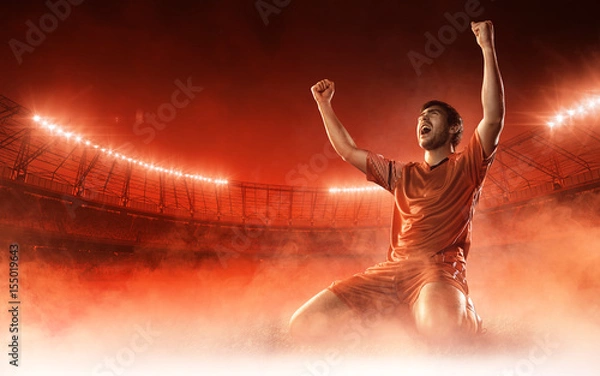 Obraz soccer player on soccer stadium celebrating a goal on red smoke background