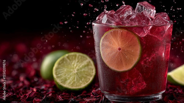 Fototapeta Red cocktail with lime slices in mid splash
