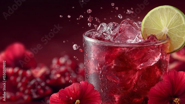 Fototapeta Red cocktail with ice cubes and lime slice
