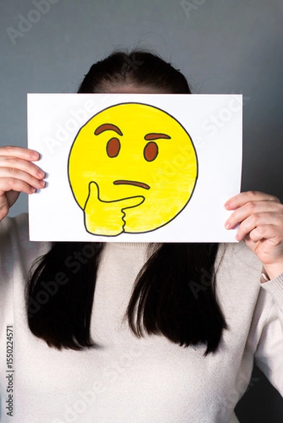 Fototapeta Woman holding thinking emoji with index finger near mouth mask in front of face. Social media trends, Gen Z marketing, World emoji day 17 July.