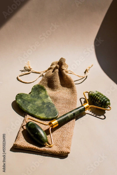 Fototapeta Close up of green quartz gua sha and facial massager on minimalist surface under straight sunlight with hard shadows. Image for cosmetic promotions anti-aging treatments.
