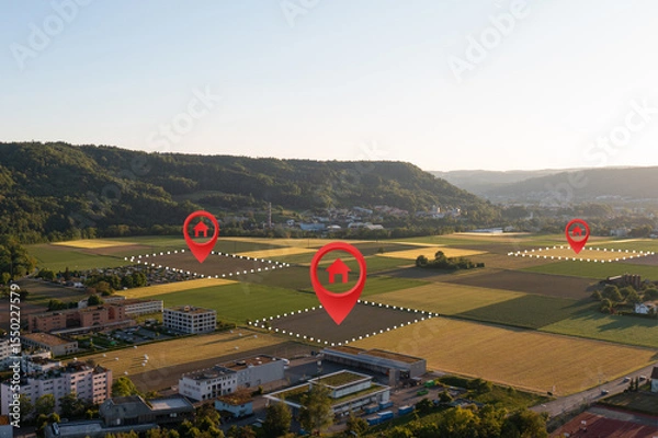 Obraz Land plot in aerial view. Gps registration survey of property, real estate for map with location, area. Concept for residential construction, development. Also home or house for sale, buy, investment.