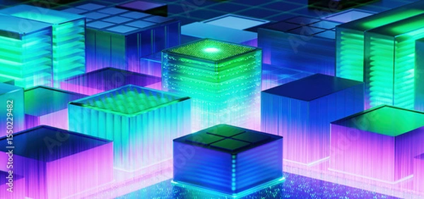 Fototapeta Artificial Intelligence Server Big Data storage Machine. Learning Algorithms. Cubes. Processes AI Optimization Digital Technology. 3d Illustration