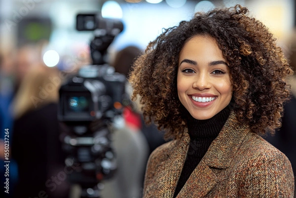 Fototapeta Smiling woman with curly hair stands beside a camera, suggesting a media or event setting. Concept of media, event, happiness. For professional networking.