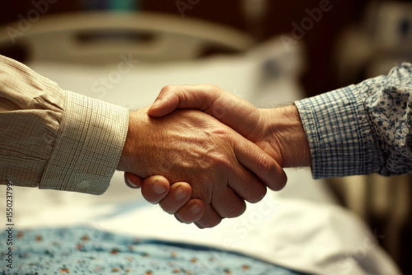 Fototapeta Two people shake hands over a hospital bed with focus on their hands. Concept of agreement, trust, cooperation. For business or healthcare cooperation photo