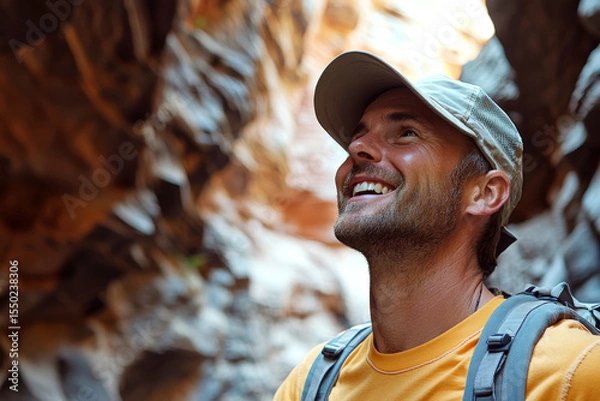 Fototapeta Smiling man in a cap and backpack looks up in a sunlit rocky canyon. Concept of adventure and exploration. For outdoor activity promotion.