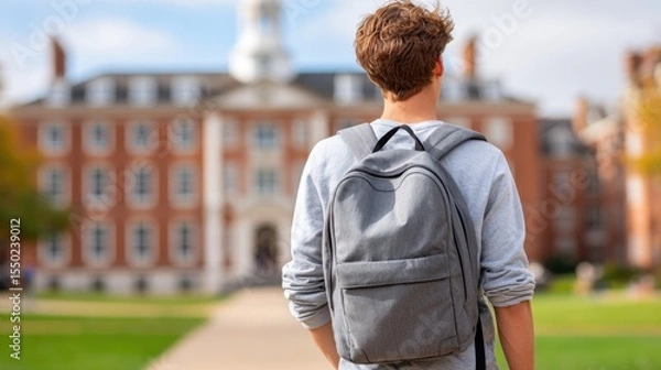 Fototapeta A student with a backpack faces a university building, back view of student standing on campus, looking at university building.
