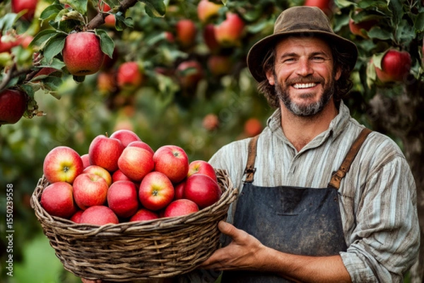 Fototapeta Smiling farmer in a hat holding a basket of red apples in an orchard. Concept of harvest, agriculture, and happiness. For promoting farming and fresh produce