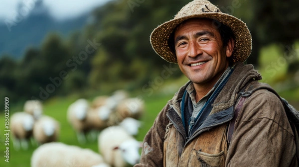 Fototapeta Man in a straw hat smiling, standing in a green field with sheep in the background. Concept of pastoral life and rural happiness. For illustrating rural lifestyle.