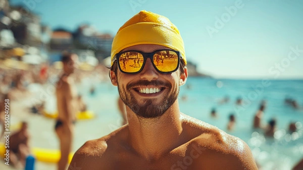 Fototapeta Smiling man wearing a yellow swim cap and reflective sunglasses on a sunny beach with people in the background. Concept of summer and leisure. For travel promotion.