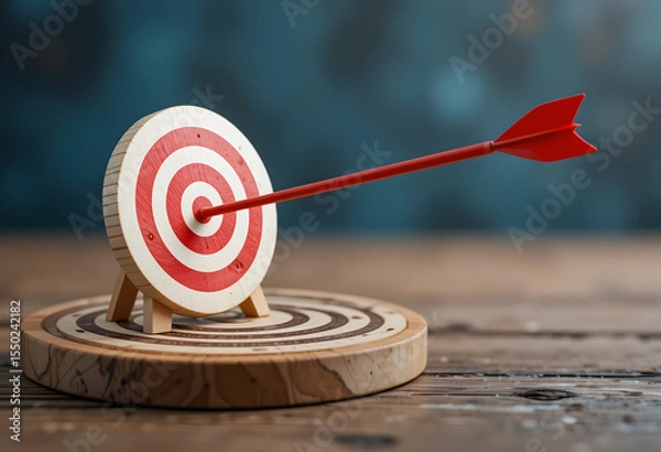 Fototapeta Precision Marketing Concept, Red Arrow Hitting Center of Target on Wooden Platform, Strategic Business Goal Achievement Visualization, Business Wooden Cubes