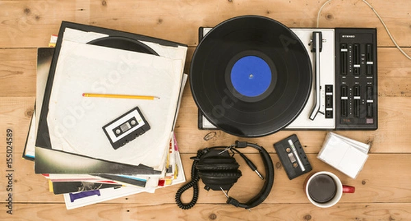 Fototapeta top view retro vinyl record player header