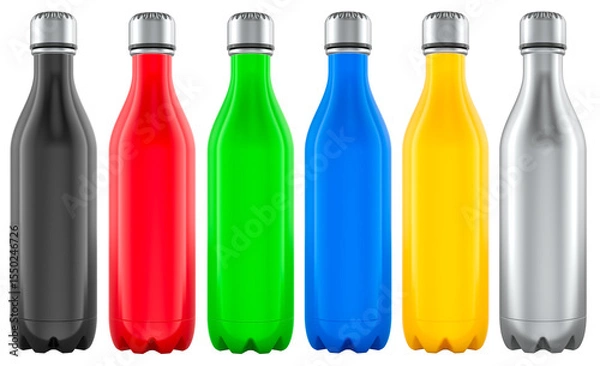 Obraz Colorful stainless steel insulated bottles, set of steel thermo bottles for sports or travel. 3D rendering isolated on transparent background