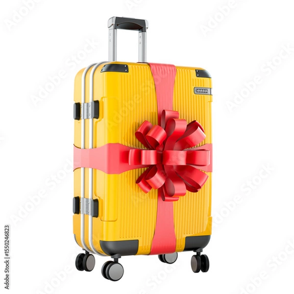 Obraz Gift of travel, concept. Travel suitcase with red ribbon and large bow, 3D rendering isolated on transparent background