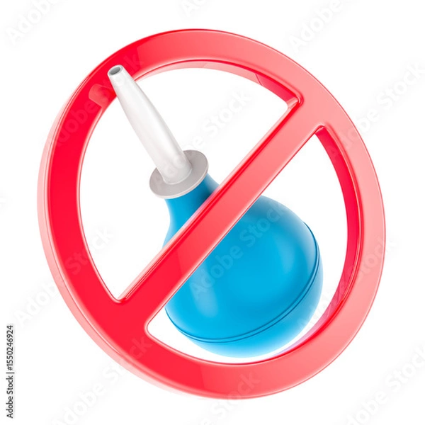 Obraz Prohibition sign with blue enema bulb syringe. 3D rendering isolated on transparent background