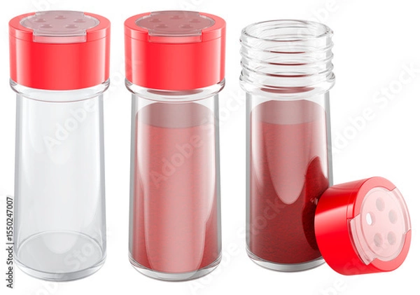 Obraz Spice jars with red paprika or chili powder screw caps. One empty and two filled, kitchen seasoning containers. 3D rendering isolated on transparent background