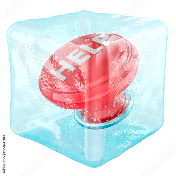 Obraz Red help button frozen inside ice cube, Frozen assistance and inaccessible support. 3D rendering isolated on transparent background