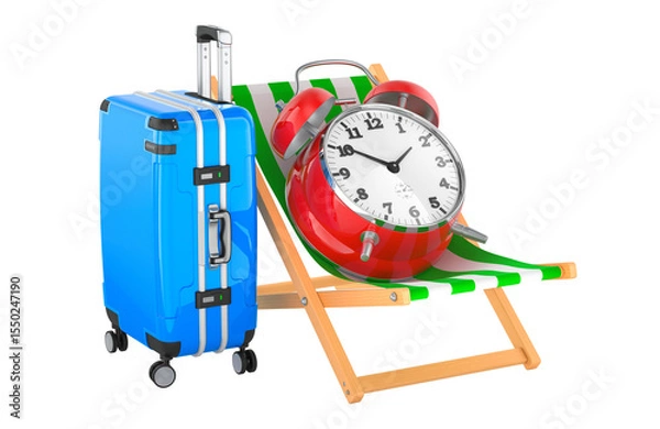 Obraz Time for vacation, concept. Suitcase and alarm clock on deck chair, 3D rendering isolated on transparent background