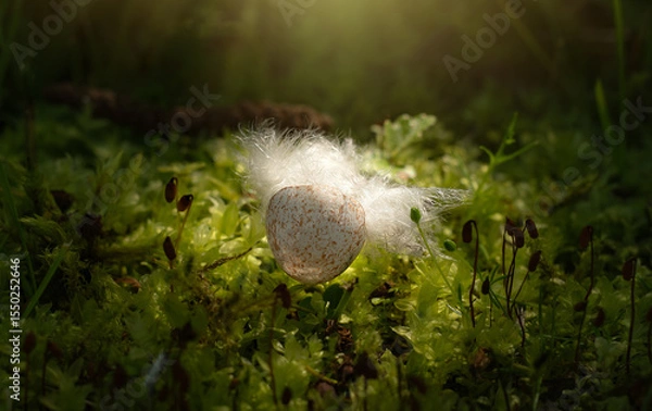 Fototapeta The shell of a bird's egg lies in the grass.The chick hatched from the egg.The birth of birds.