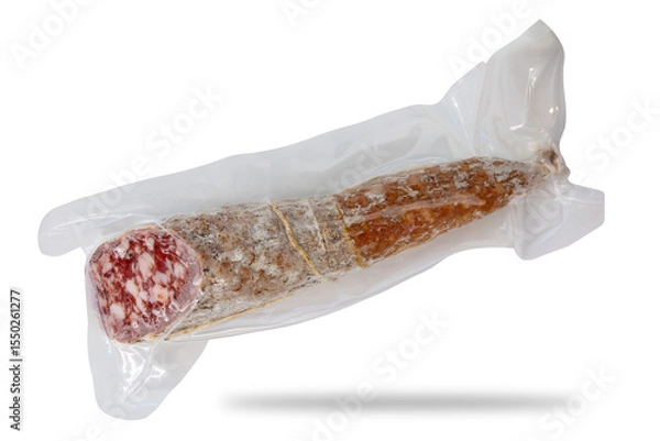 Obraz Piedmont pork salami, Italy, vacuum-sealed in plastic bag isolated on white with clipping path included