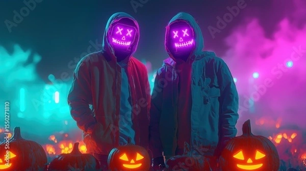 Fototapeta Futuristic Halloween party with neon masked figures and glowing jack-o'-lanterns