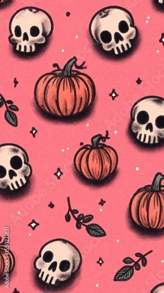Fototapeta Vibrant Halloween seamless pattern with cute skulls and pumpkins on grainy pink background