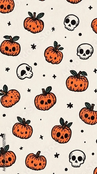 Fototapeta Cute Halloween seamless pattern with quirky skulls and fun pumpkins on light beige background