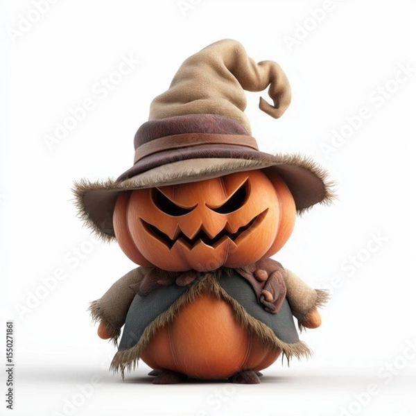 Fototapeta Spooky yet adorable Halloween pumpkin character wearing witch hat and rustic clothes