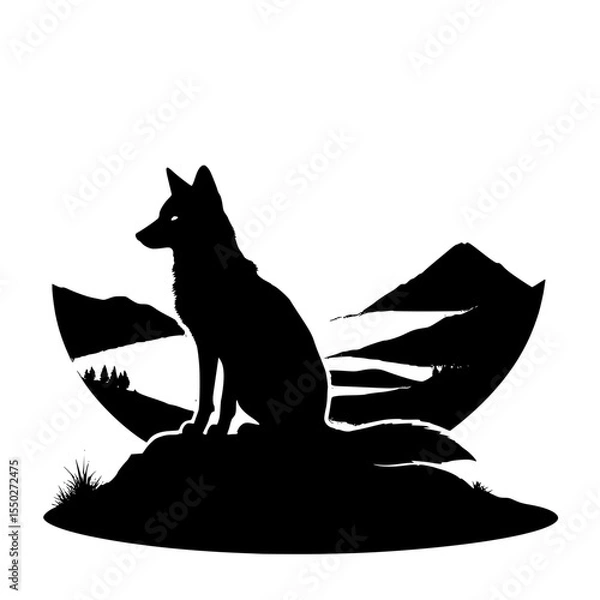 Fototapeta A fox sitting on a hill looking forward – isolated silhouette vector